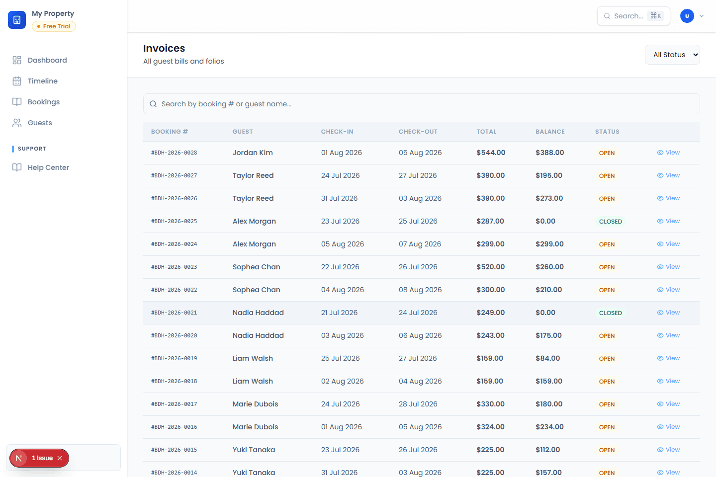 Bayon HMS folio and invoices screen using synthetic local data