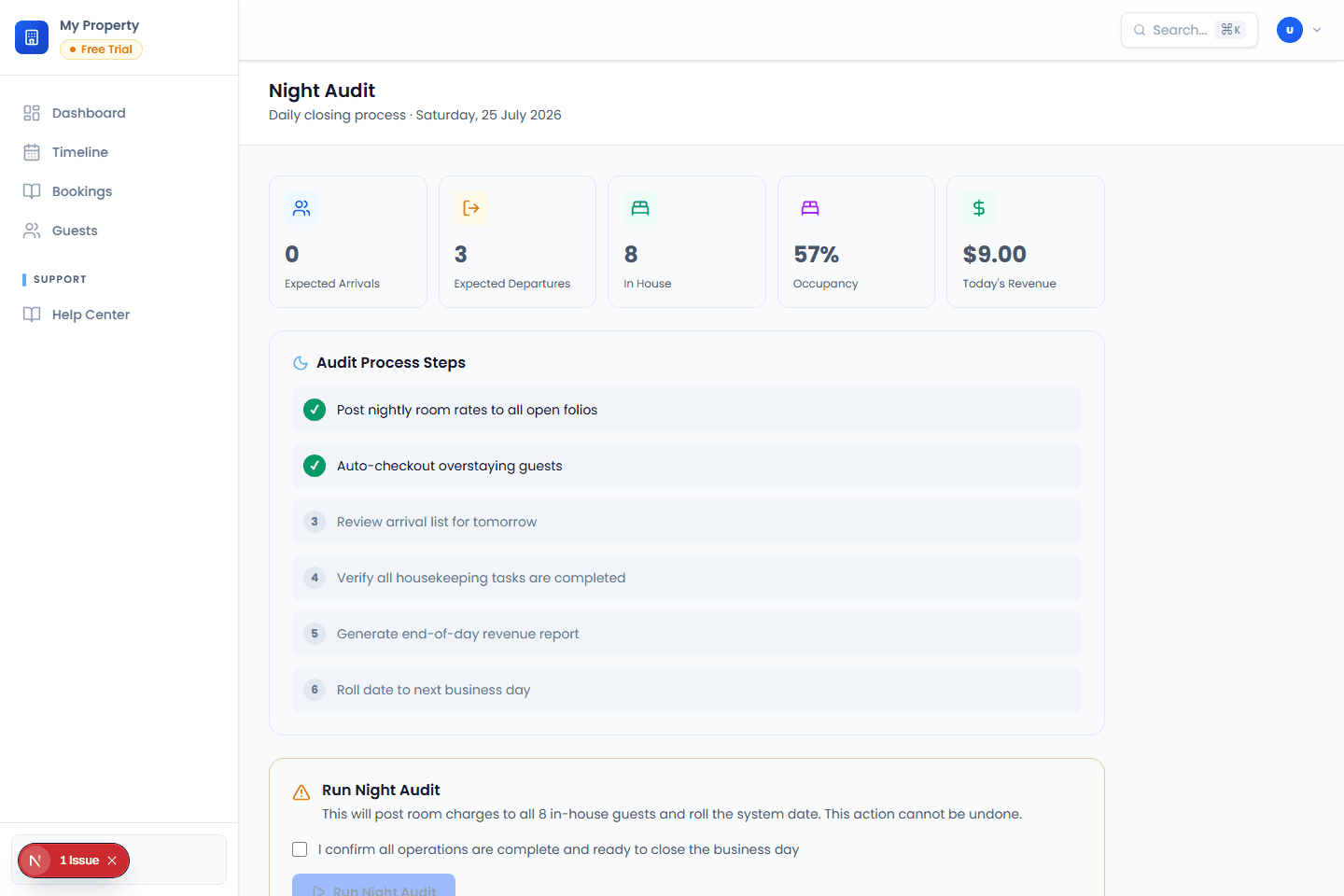 Bayon HMS night audit screen using synthetic local data