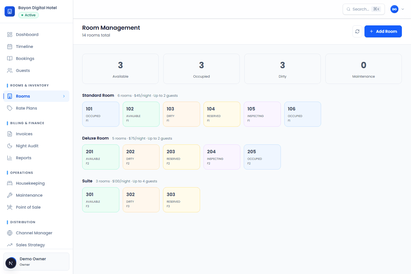 Bayon HMS room readiness screen using synthetic local data